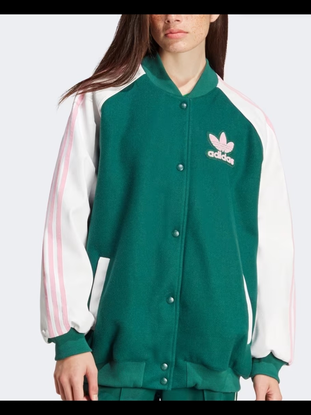 adidas Women's Green & White Varsity Jacket with Pink Accents